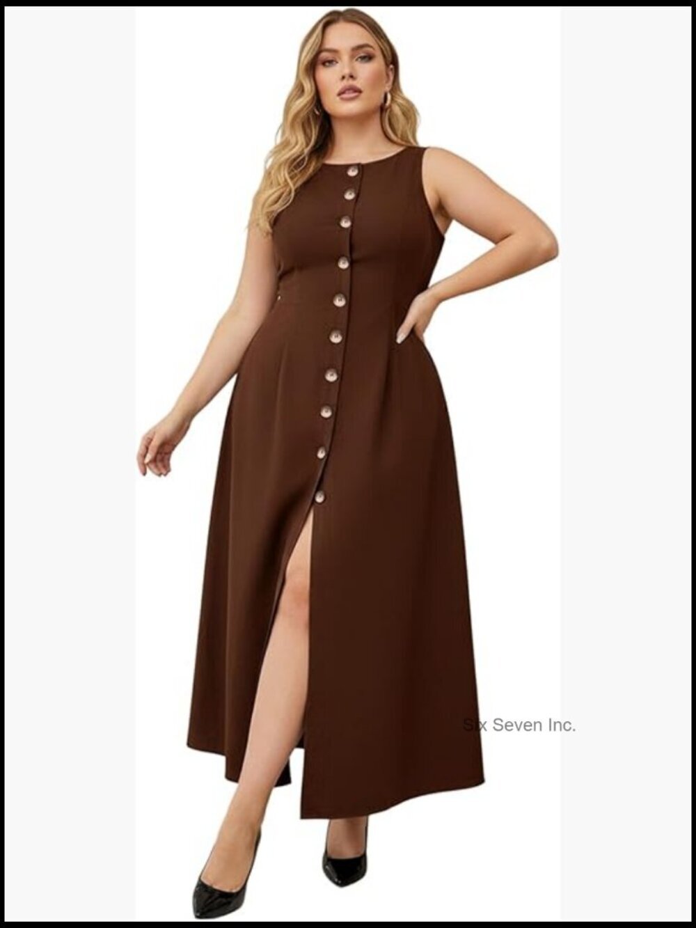 Plus Size Button Down Maxi Dress Sleeveless A Line Split Casual